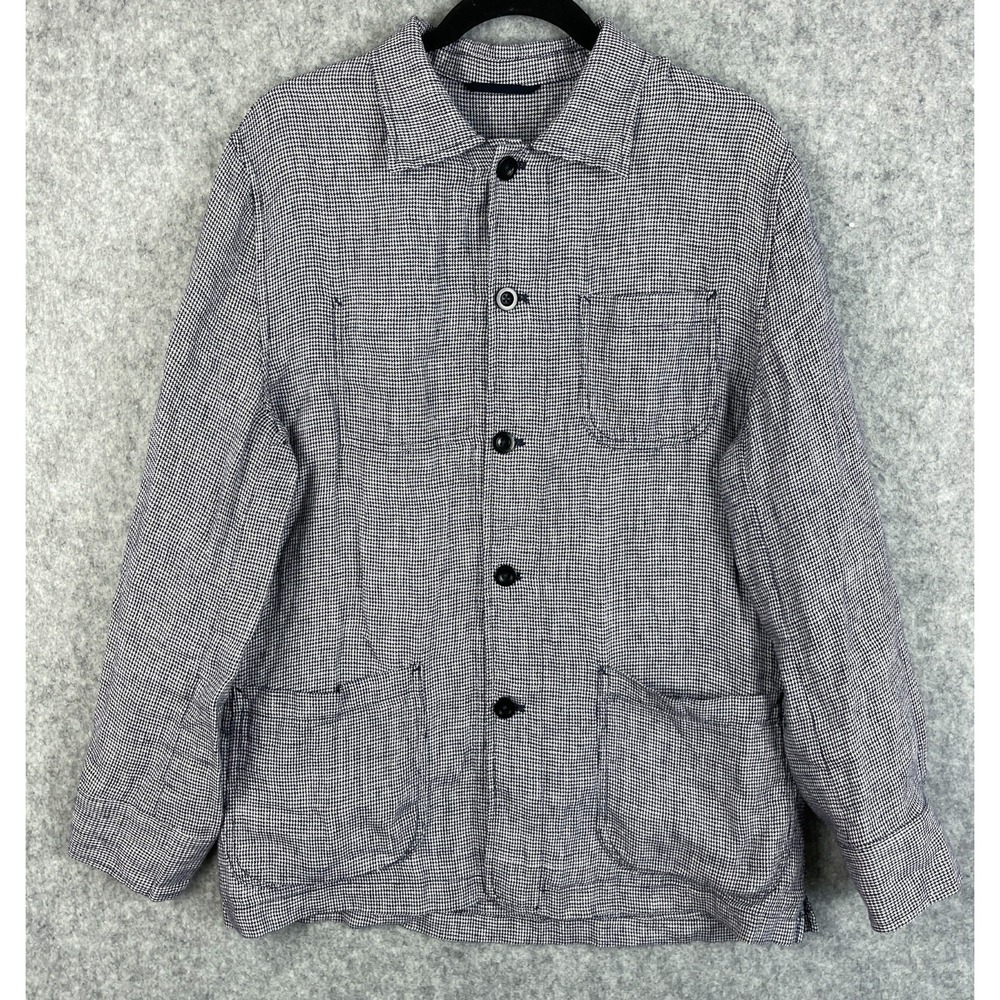 Sid Mashburn Linen Chore Shacket Jacket Mens Large Blue Button Up Houndstooth